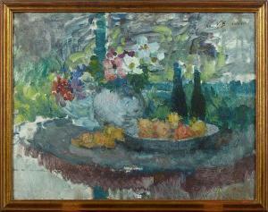 SIMONIN Victor 1877-1946,Bouquets de fleurs et plat de fruits dans la véran,VanDerKindere 2022-03-15