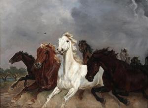 SIMONSEN Simon Ludwig Ditlev,Horses frightened of the storm,1876,Bruun Rasmussen 2024-04-08