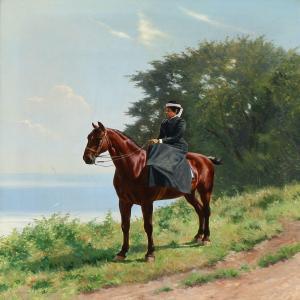 SIMONSEN Simon Ludwig Ditlev 1841-1928,Rosalie Holm on her horse "Flinte" at "Skr�n,Bruun Rasmussen 2016-02-01