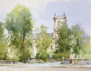 SIMPSON C,Church with figures in street and trees,The Cotswold Auction Company GB 2019-05-14