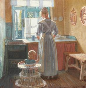 SINDING Knud 1875-1946,A woman standing in a sunny kitchen with her littl,Bruun Rasmussen 2023-03-27