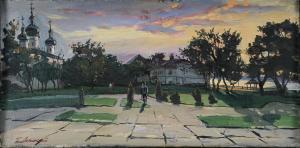 SIRAZIEV E 1965,Figures walking in a lakeside park in the evening,Brunk Auctions US 2012-09-15