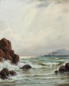 SKARI Edvard 1839-1903,Seascape with a steamer off a rocky coast,Bruun Rasmussen DK 2021-11-08