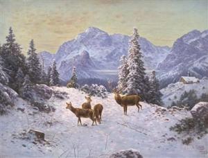 Skell Louis 1869-1950,Hirsch mit Rudel in winterlicher Berglandschaft,Palais Dorotheum AT 2021-06-01