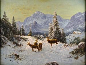Skell Louis 1869-1950,Rotwild in schneebedeckter Landschaft vor alpinem ,Zeller DE 2015-06-26