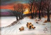 SKERRETT James,Sheep walking in a wintery snow landscape,Fieldings Auctioneers Limited 2016-09-03