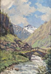 SKOV Christian Petersen 1856-1942,Mountain Landscape with Bridge,20th Century,Abell A.N. 2023-07-12