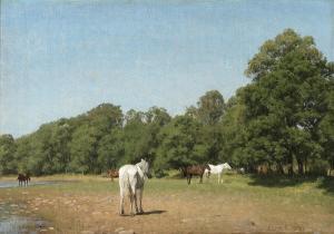 SKOVGAARD Joachim 1856-1933,Horses walking by a lakefront,1878,Bruun Rasmussen DK 2023-09-04