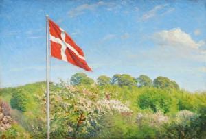 SKOVGAARD Niels,View of a garden with the Danish flag on a summer',1903,Bruun Rasmussen 2022-08-01