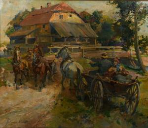 SLABIAK Juliusz 1917-1973,Country Genre Scene with Horse-Drawn Carts,Burchard US 2022-07-16