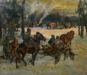 SLABIAK Juliusz 1917-1973,Polish Winter Genre Scene with Hunting Party, Hors,Burchard US 2022-07-16