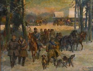 SLABIAK Juliusz 1917-1973,Winter Genre Hunting Scene with Horse-Drawn Sleds,,Burchard US 2022-07-16