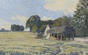 Slater Walter James 1845-1923,peaceful pastoral scene with hay barn and barr,1883,Rogers Jones & Co 2022-01-11