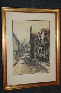 SLOCOMBE Edward 1850-1915,figures on a cobbled street, church beyond,1883,Henry Adams GB 2018-02-15