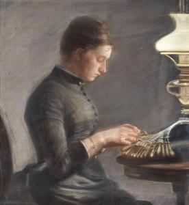 SLOTT MOLLER Agnes Ranbusch 1862-1937,A young woman at her lacework in the glo,1885,Bruun Rasmussen 2024-03-04