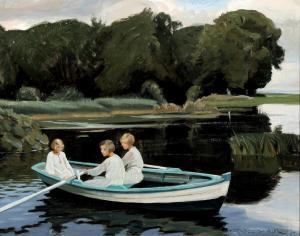 SLOTT MOLLER HARALD 1864-1937,A view over a lake with three young girls in ,1931/32,Bruun Rasmussen 2024-04-08
