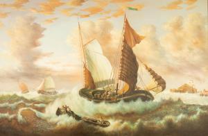 SLOWSKY T. 1900-1900,Fishing boats and longboat in a rough seat faintly,Capes Dunn GB 2021-10-05