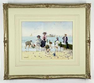 SMITH Albert W 1941,Edwardian family paddling on a beach with pier in ,Rogers Jones & Co 2022-03-25