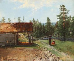 SMITH Carl Frithjof 1859-1917,Gårdstun med mann og kone,1881,Christiania NO 2017-12-07