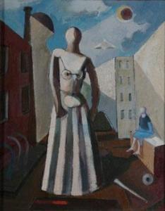 SMITH Ernest Walter 1928,Abstract Figures with Buildings,Mossgreen AU 1996-09-22