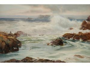 SMITH reginald 1870-1926,Waves crashing against a rock pool with penguins a,Duke & Son GB 2014-04-10