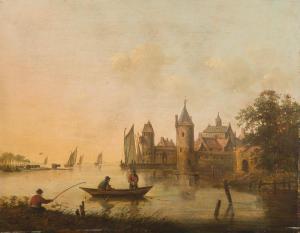 SMITS A 1800-1800,CASTLE WITH BOATS AND ANGLER,1823,Hargesheimer Kunstauktionen DE 2021-03-13