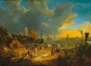 SMONT Lucas 1671-1713,elegant figures inspecting the catch on a beach wi,Sotheby's GB 2003-12-10