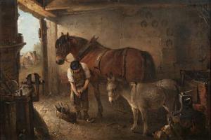 SMYTHE Edward Robert 1810-1899,A farrier shoeing a plough horse, with a donkey, i,Bonhams 2011-12-06