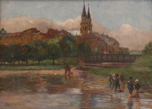 SMYTHE Lionel Percy,Figures paddling in a river with a cathedral beyon,1895,Sworders 2021-12-14