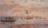 SNAPE Martin 1853-1930,A busy harbour scene at sunset with figures boardi,Mallams GB 2010-10-13