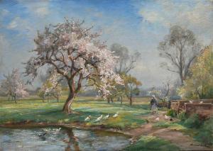 SNELL James Herbert,A woman feeding chickens and ducks by a pond,Woolley & Wallis 2023-12-13