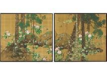 SODO YASUMA 1882-1960,Flowers and birds (a pair of 2-panel byobu screens,Mainichi Auction 2018-11-30