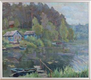 SOKOLOV Anatoly 1891-1971,Riviergezicht met huizen en boten,Twents Veilinghuis NL 2017-07-14