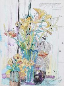SOKOLOV Oleg Arkadevich 1919-1990,Vase with yellow irises and a poem,1975,Peter Wilson GB 2022-07-01