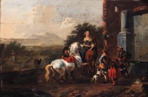 SOOLMAKER Jan Franz 1635-1685,Travellers by a roadside Fountain,Christie's GB 1998-11-26