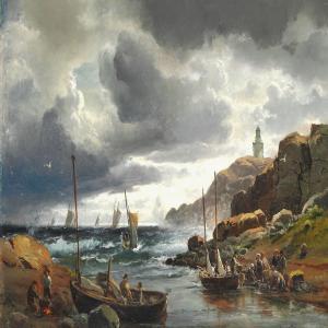 SORENSEN Carl Frederick 1818-1879,Gathering storm off the coast at Vinga lighthouse,Bruun Rasmussen 2014-09-16