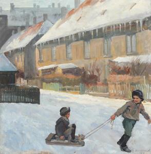 SORENSEN Eiler Carl 1869-1953,Two children sledging on a road,1917,Bruun Rasmussen DK 2024-02-26