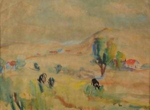SOROUJOUN sultana 1900-1961,Grazing Cows Watercolor on paper,Tiroche IL 2020-09-12