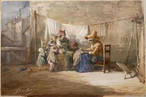 SOULIÉ Léon 1807-1862,Lavandières et enfants jouant,Marambat-Camper FR 2020-11-05