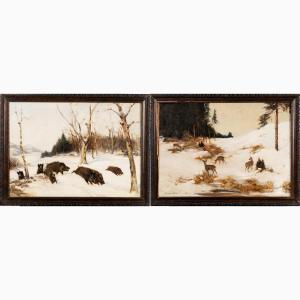 SOVANKA Karol 1883-1961,Wild boars and stags in winter,Deutsch AT 2021-10-19