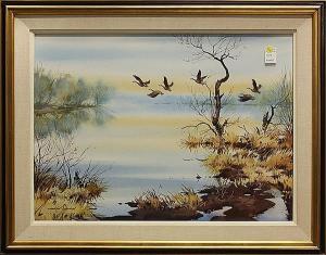 SOWINSKI Stanislaus J 1927-2010,Geese in Flight Over a River,Clars Auction Gallery US 2013-11-09