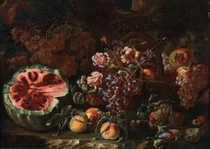 SPADINO Bartolomeo Castelli 1696-1738,Peaches, bunches of grapes, roses, watermelo,Palais Dorotheum 2023-05-03