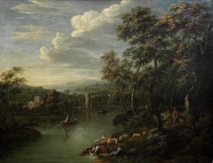 SPALTHOVEN Joannes P,Drovers resting with their livestock on the banks ,1722,Bonhams 2014-04-30
