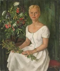 SPENCER Jean 1904,Ms. Rhuman seated by a table with a vase of flowers,Eldred's US 2014-06-07