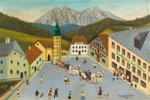 Spielbichler Franz A 1899,Village square with carriages and the Gasthaus,1970,Palais Dorotheum 2017-12-13