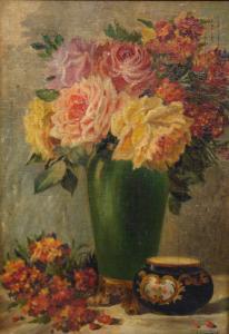 SPOONER Charles H. 1836-1901,Still life of roses and wall flowers in a green va,Dickins 2007-11-10