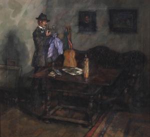 SPRUNG Hanns 1884-1948,Pfeifenraucher in einer Stube neben einem Kanapee ,1909,Engel DE 2023-01-28