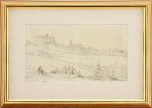 STÄCK Josef Magnus 1812-1868,Vy över Uppsala slott och Domkyrkan,1838,Uppsala Auction SE 2022-02-15