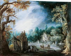 stalpaert pieter 1572-1639,BEWALDETE LANDSCHAFT MIT HÄUSERN, FUHRWERK UND REI,Lempertz DE 2010-09-29