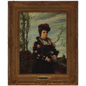 STANIEK A 1800-1800,YOUNG BEAUTY HOLDING A ROSE IN A LANDSCAPE,Waddington's CA 2018-03-24